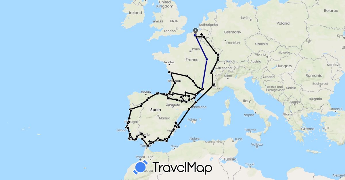 TravelMap itinerary: driving, camping car in Belgium, Spain, France, Portugal (Europe)